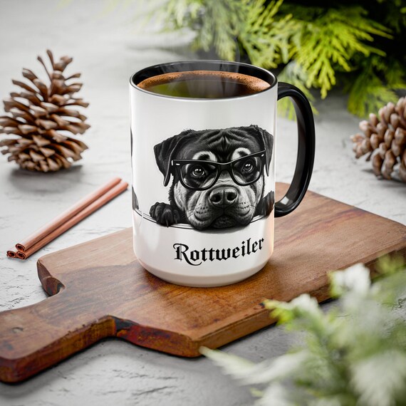 Large Coffee Mug Adorable Black and White Rottweiler Illustration with Glasses Perfect for Dog Lovers and Fun Gifts