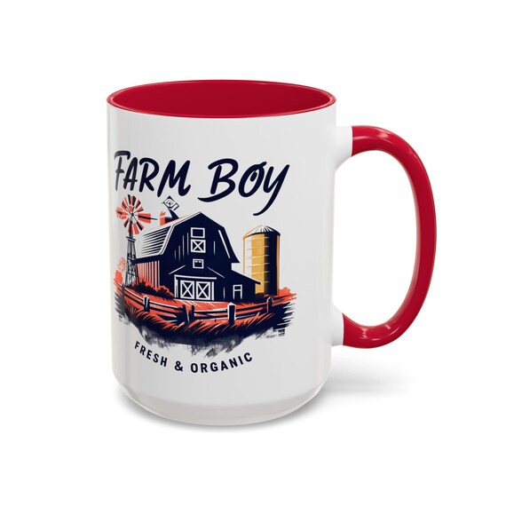 Farm Boy Fresh and Organic Large Coffee Mug Rustic Country Style Barn Design