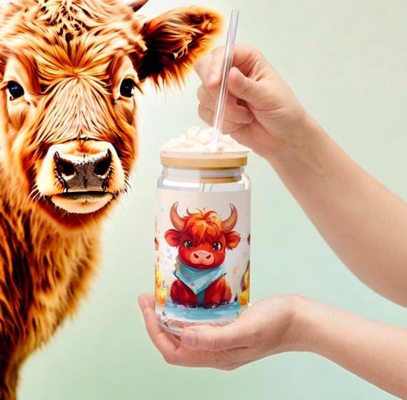 Highland Cow Sipper Cup - Cute 16oz Glass with Straw, Perfect Gift for Cow Lovers Decor for Kids & Adults
