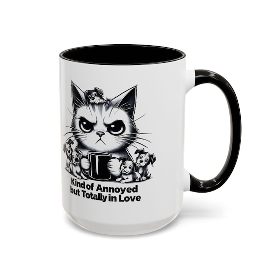Large Coffee Mug Annoyed Cat Surrounded by Puppies Funny 15oz Ceramic Mug