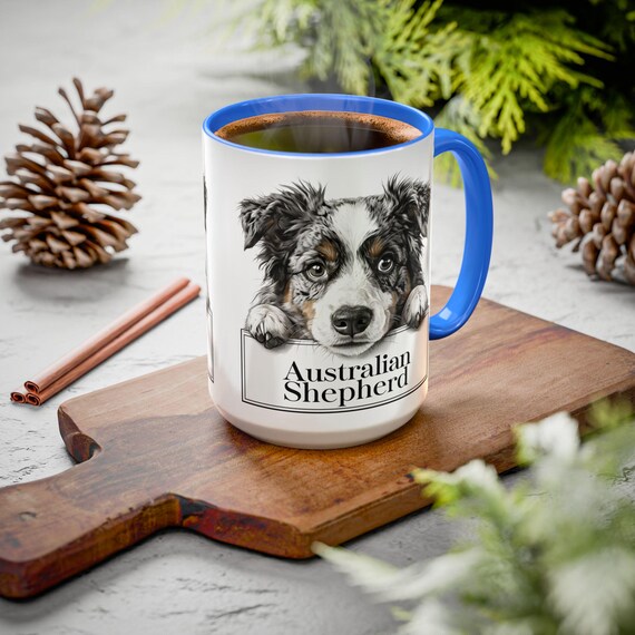 Large Coffee Mug Adorable Australian Shepherd Illustration with Intricate Details Perfect for Dog Lovers and Unique Gifts