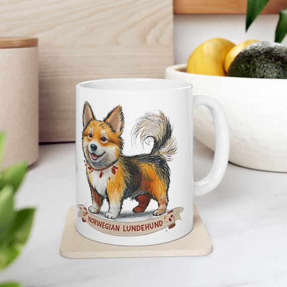 Large Coffee Mug  Norwegian Lundehund Dog Lover Gift, Cute Nordic Breed Illustration, Unique Pet Owner Cup