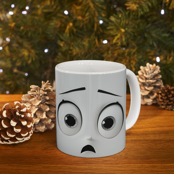 Large Coffee Mug Funny Cartoon Face Design 15oz 3D Ceramic Wrap with Surprised Expression Perfect for Unique Gifts and Daily Fun