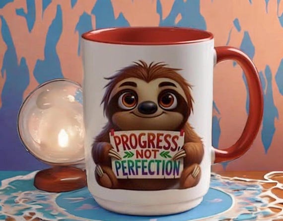 Whimsical Sloth Motivational Coffee Mug with Colorful Interior - Inspirational Mindfulness Gift - Progress Not Perfection Mug