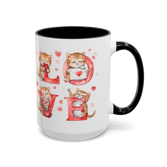 Large Coffee Mug Love Kittens Adorable Cats with Roses and Hearts Perfect Valentines Day Gift for Cat Lovers
