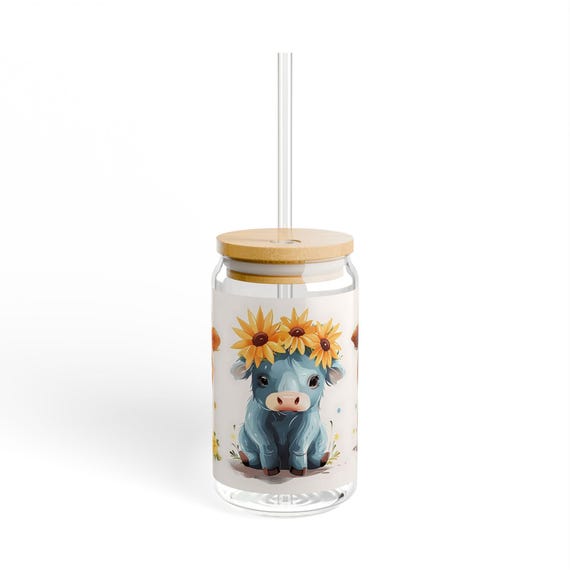 Sipper Glass Sunflower Cow Trio 16oz Sipper Glass with Straw - Adorable Farmhouse Drinkware