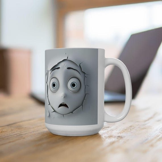 Large Coffee Mug Funny Cracked Wall Cartoon Face Design 15oz 3D Expression Ceramic Mug for Unique Gifts and Daily Humor
