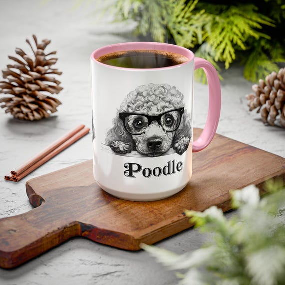 Large Coffee Mug Adorable Black and White Poodle Illustration with Glasses Perfect for Dog Lovers and Unique Gifts