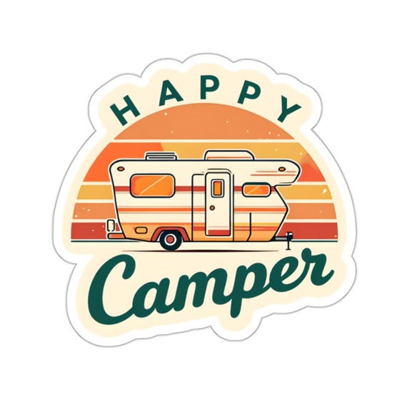 Happy Camper Art Vinyl Sticker - Vintage RV Design - Perfect Gift for Outdoor Lovers