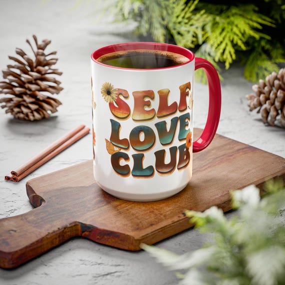 Large Coffee Mug Self Love Club Retro Design with Floral and Butterfly Accents Perfect for Motivational Gifts