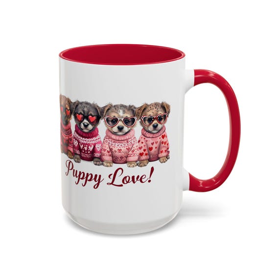 Large Coffee Mug Puppy Love Adorable Puppies in Heart Sweaters and Sunglasses Perfect for Dog Lovers and Valentines Day