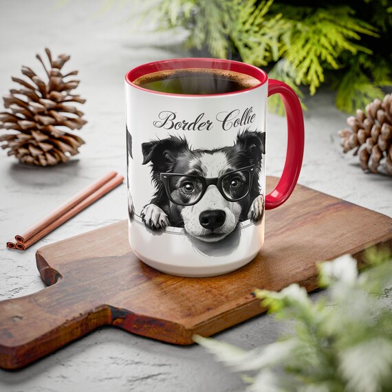 Large Coffee Mug Adorable Black and White Border Collie Illustration with Glasses Perfect for Dog Lovers and Unique Gifts