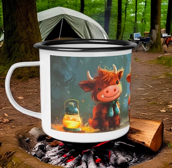 Highland Cow Trio Enamel Camping Mug - 12oz Coffee Cup for Outdoor Adventures and Farm Animal Lovers