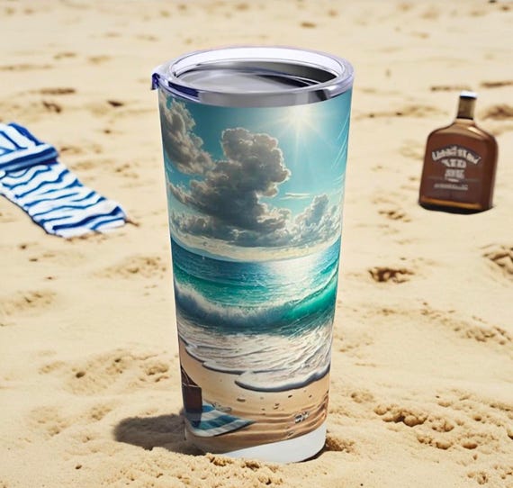 Serene Beach Scene Large Coffee Mug - Ocean Waves and Sailboats Travel Mug - 20oz Tumbler for Beach Lovers