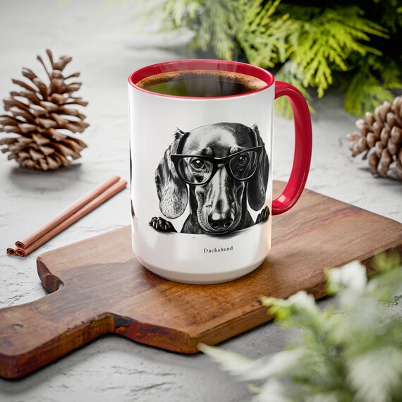 Large Coffee Mug Dachshund 15 oz Coffee Mug Black and White Design with Glasses Cute Dog Art Perfect Gift for Pet Lovers and Java Fans