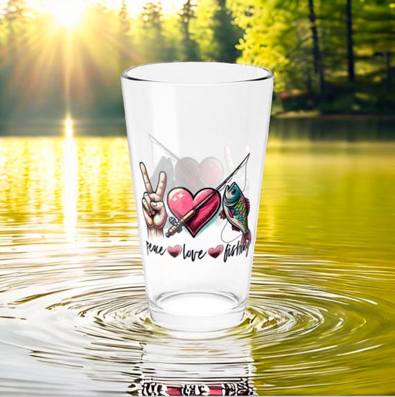 Fishing Glass - 16oz Peace Love and Fish Drinkware, Fisherman Gift, Casting Enthusiast Cup, Fishing Theme Decor