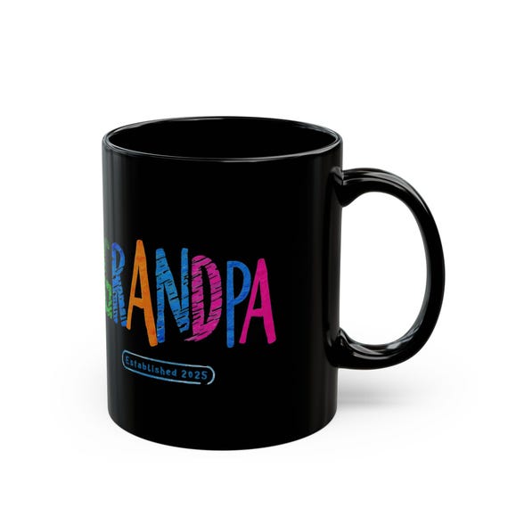Grandpa Mug Established 2025, Black Coffee Mug, Crayon-Style Design, New Grandpa Gift for Coffee Lovers