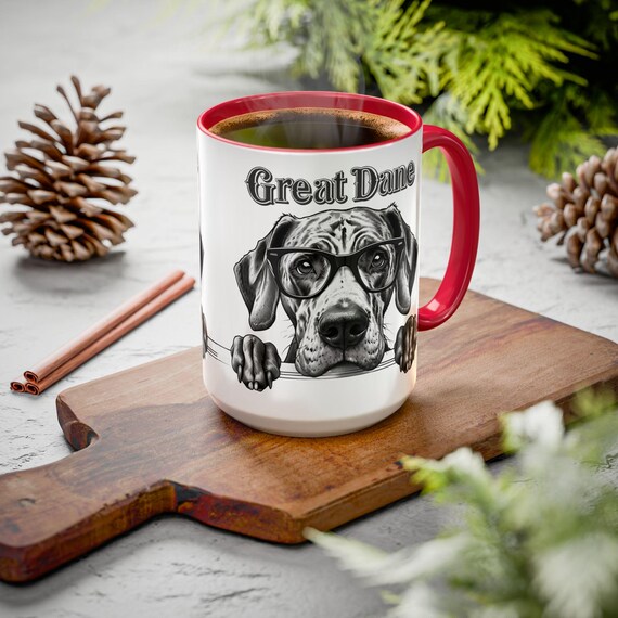 Large Coffee Mug Adorable Black and White Great Dane Illustration with Glasses Perfect for Dog Lovers and Unique Gifts