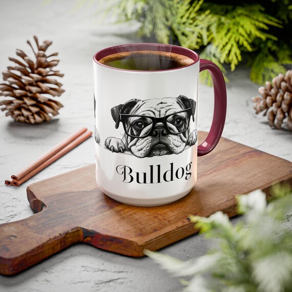Large Coffee Mug Adorable Black and White Bulldog Illustration with Glasses Perfect for Dog Lovers and Thoughtful Gifts