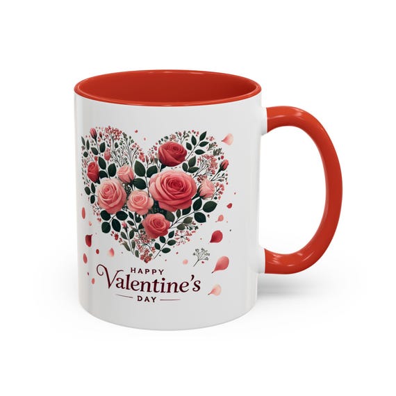 Simple Valentines Mug - Heart in Bloom Ceramic Coffee Mug - Romantic Happy Valentines Day Gift