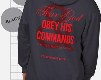 Felpa con cappuccio cristiana Ecclesiaste 12:13, stampa posteriore Comfort Colors 1467, pullover nero, abbigliamento streetwear della fede, regalo per lui con versetto della Bibbia
