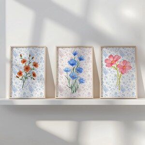 Arte de parede floral chinesa decoração de quarto conjunto de 3 peças arte tríptica sobre a cama arte de parede estética decoração feminina decoração de dormitório universitário apartamento fofo