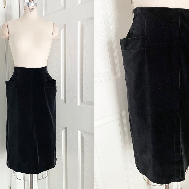 Small 1950s Charcoal and Yellow Patterned Pencil Skirt