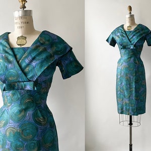 1960s Abstract Printed Silk Cocktail Purple Blue Dress image 1