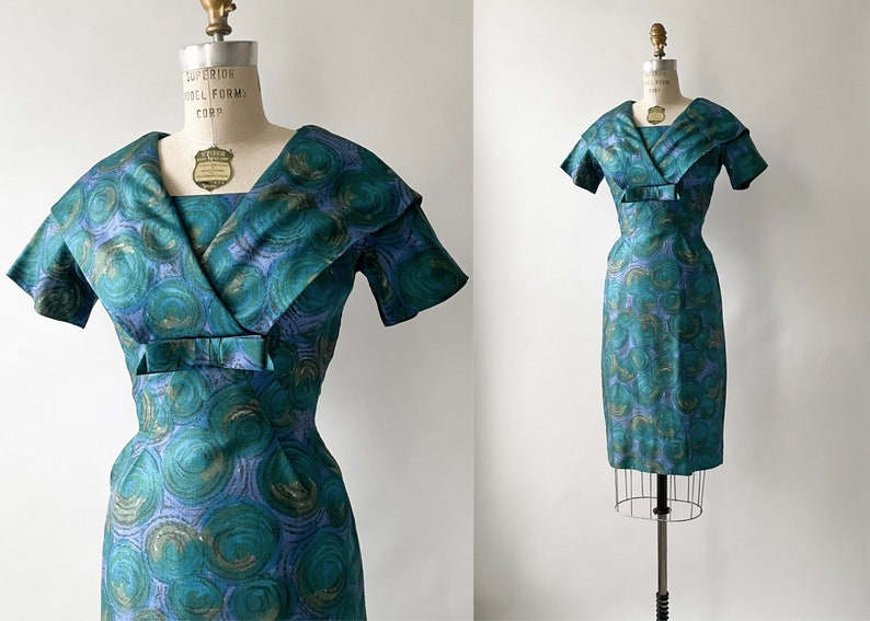 1960s Abstract Printed Silk Cocktail Purple Blue Dress image 1