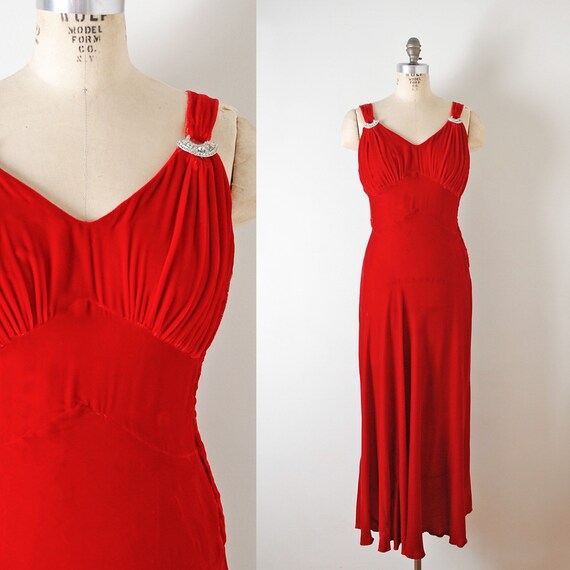 1930s 40s Red Silk Velvet Evening Gown With Rhines