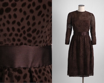 1960s 70s Mollie Parnis Brown Burnout Velvet Dress (Repairs)