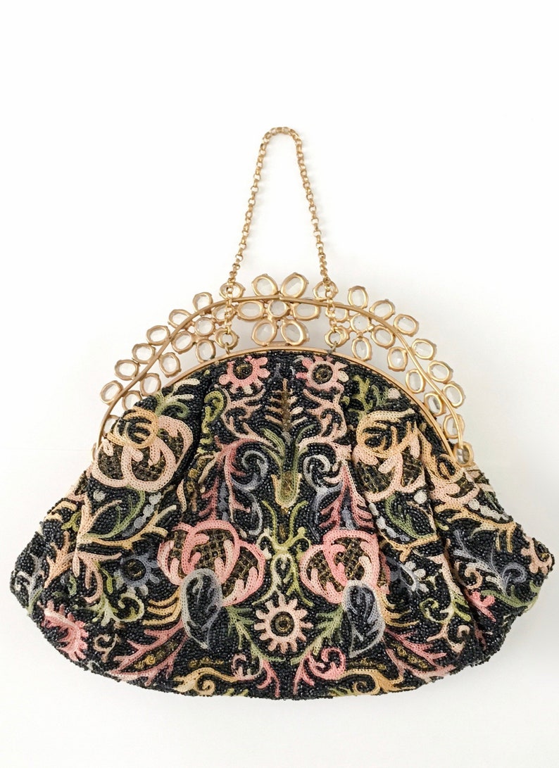 1940s 50s jeweled crewel work embroidery beaded purse handbag Hobe Josef image 6