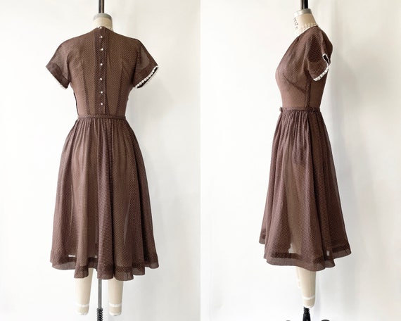 1950s Sheer Brown Cotton + White Dot Dress - image 4