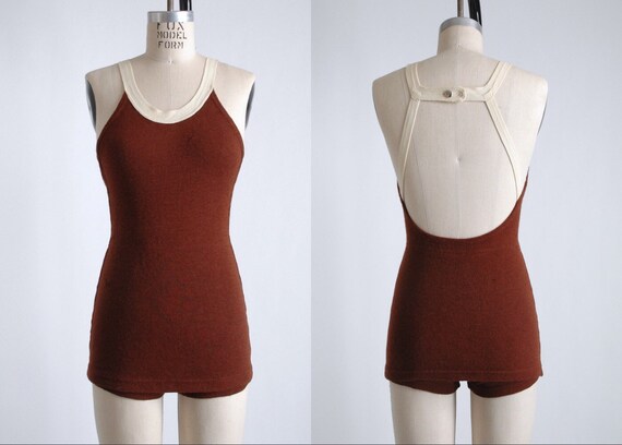 1930s strappy maroon wool skirted bathing suit swi