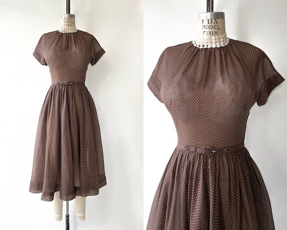 1950s Sheer Brown Cotton + White Dot Dress - image 2