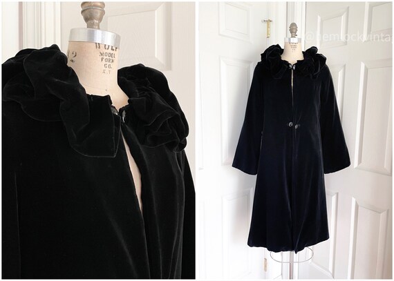 1930s Black Velvet Ruffled Collar Opera Coat