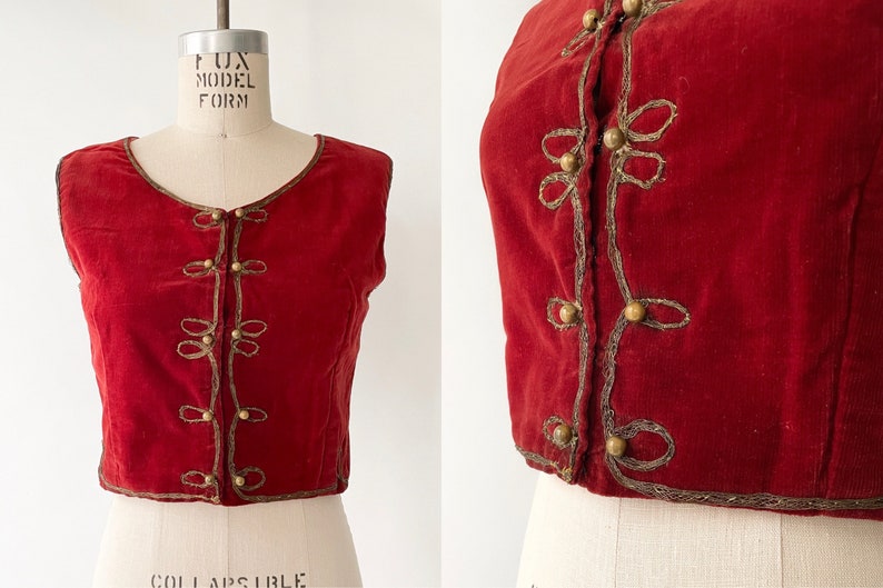 Antique Hungarian Vest Maroon Red Velvet Metal Embroidery Brass Beads image 1