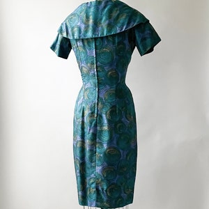 1960s Abstract Printed Silk Cocktail Purple Blue Dress image 6