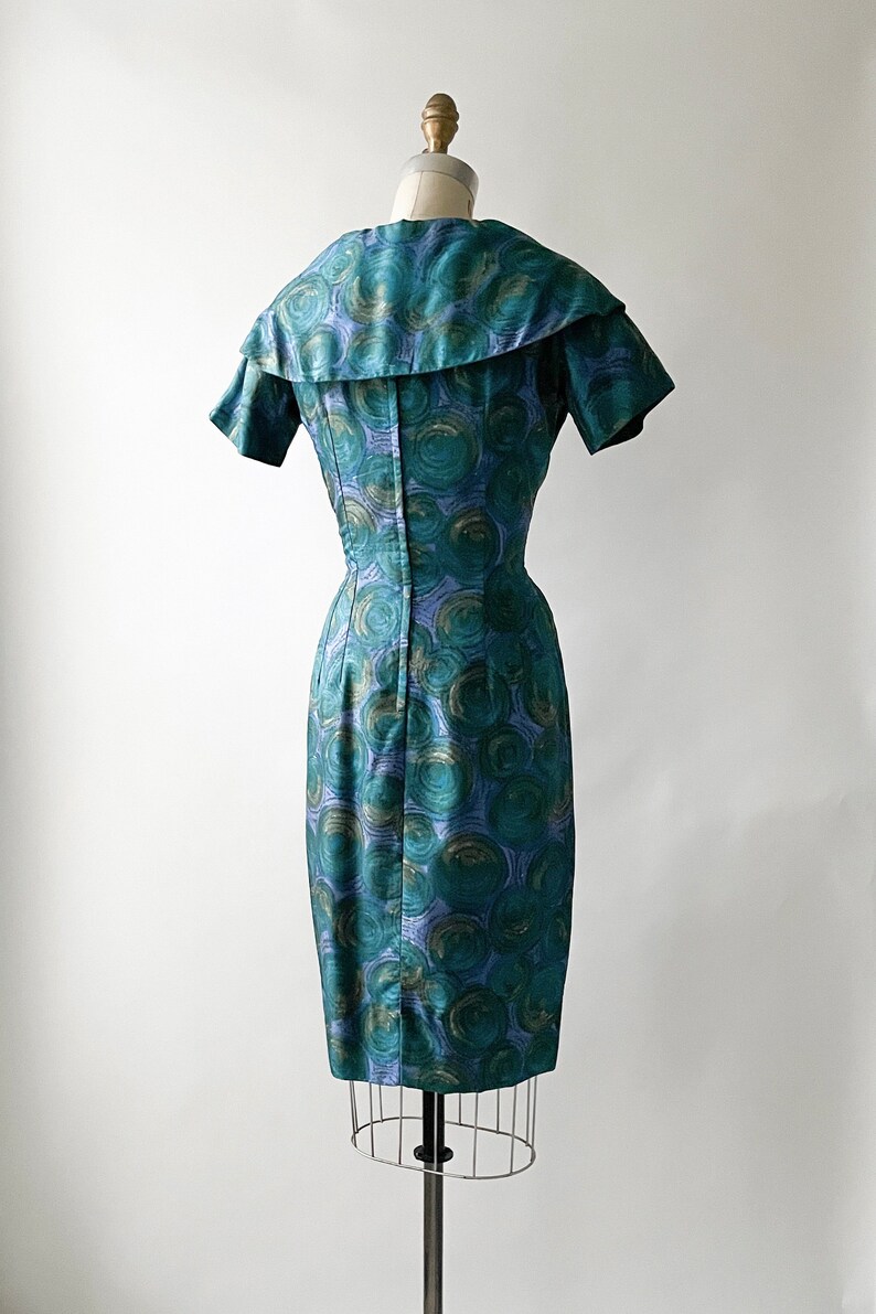 1960s Abstract Printed Silk Cocktail Purple Blue Dress image 6