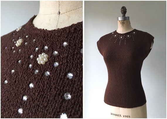 1940s Brown Knit Rhinestone + Pearls Sweater Top