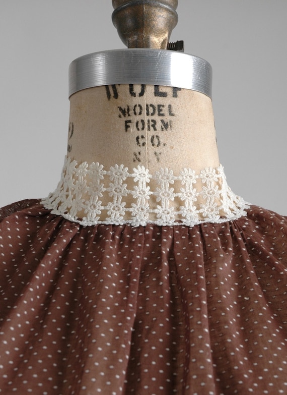 1950s Sheer Brown Cotton + White Dot Dress - image 5