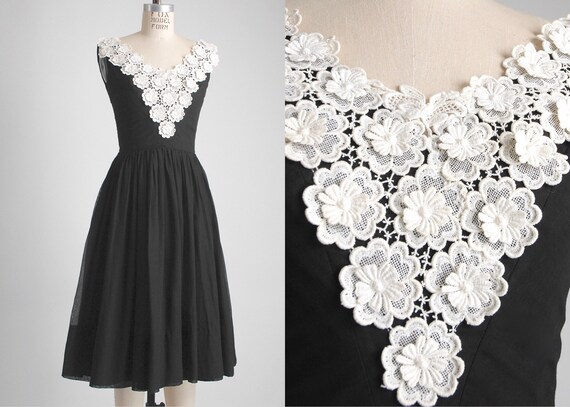 1950s Sheer Cotton + Appliqued Flower Dress