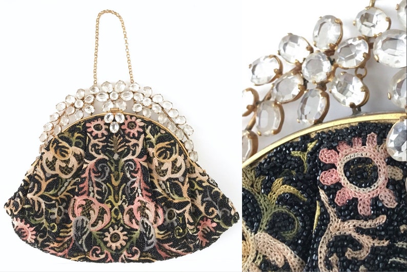1940s 50s jeweled crewel work embroidery beaded purse handbag Hobe Josef image 1