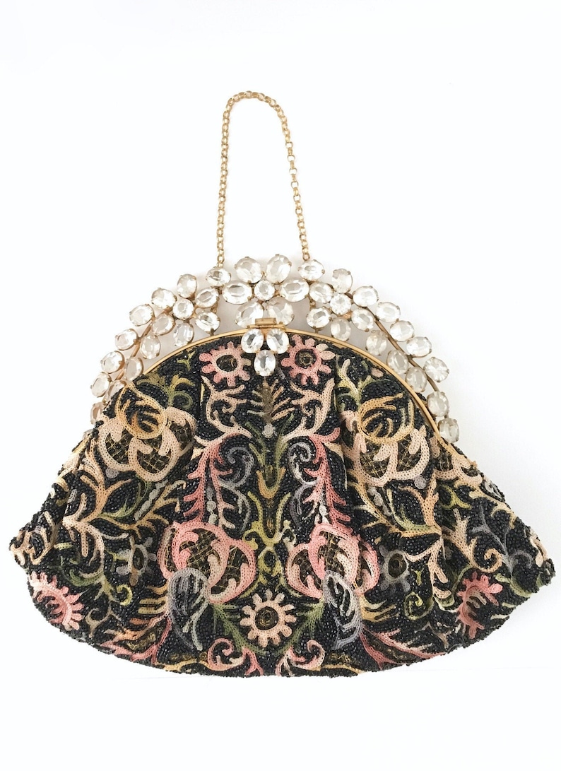 1940s 50s jeweled crewel work embroidery beaded purse handbag Hobe Josef image 2