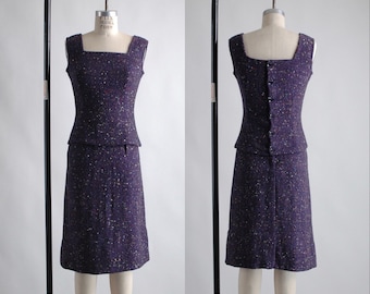 Robe deux pièces en laine violette mouchetée des années 1960