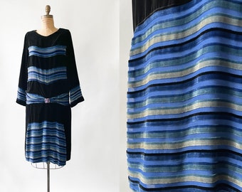 1920s Black + Blue Burnout Velvet Stripe and Silk Chiffon Dress Manahan