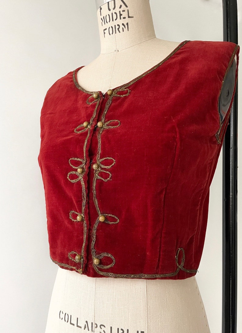 Antique Hungarian Vest Maroon Red Velvet Metal Embroidery Brass Beads image 5