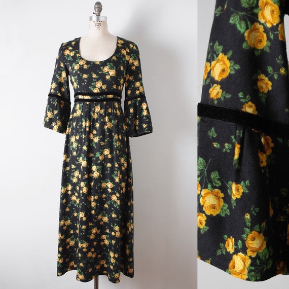 1970s Black Floral Flannel + Velvet Peasant Maxi D