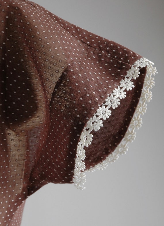 1950s Sheer Brown Cotton + White Dot Dress - image 6
