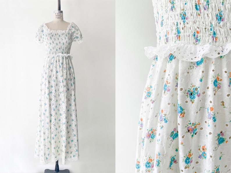 1970s Floral White Cotton Eyelet Vintage Dress 70s 1970S 70S Bohemian Hippie image 1